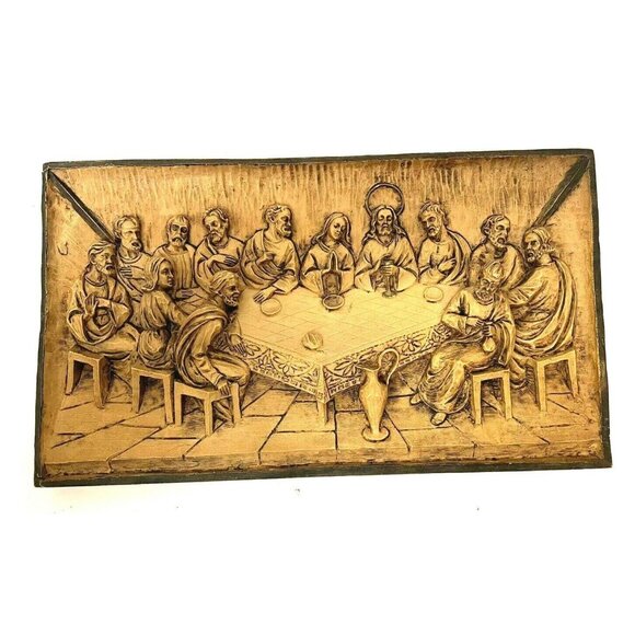 VINTAGE Handcrafted Jesus 3D Last Supper Wall Arts Carved Resin Plaque Italy - Picture 1 of 4